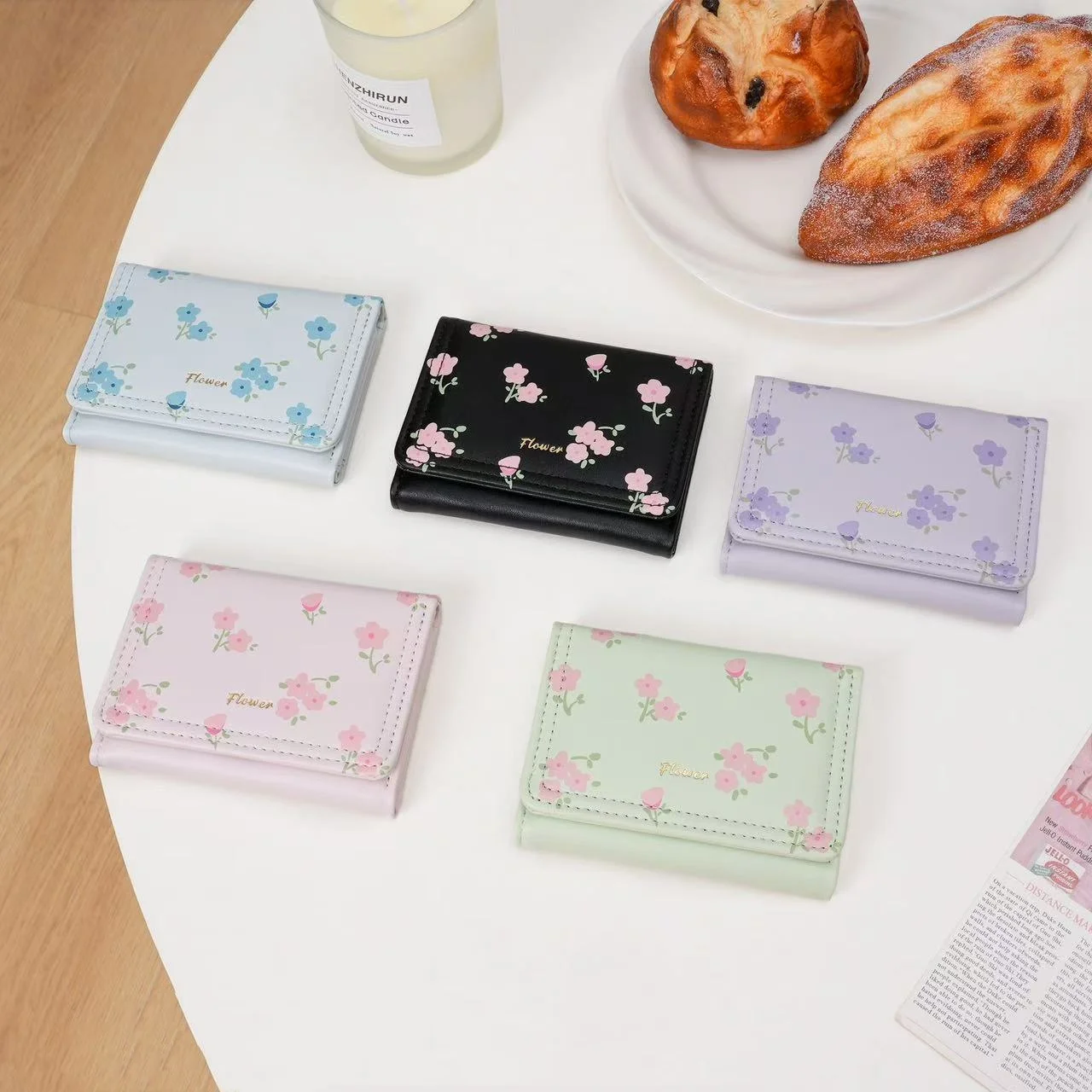 Women Fashion Flowers Short Wallet PU Leather Mini Coin Purse Tri-fold Portable Girls Card Holder INS Clutch Bag