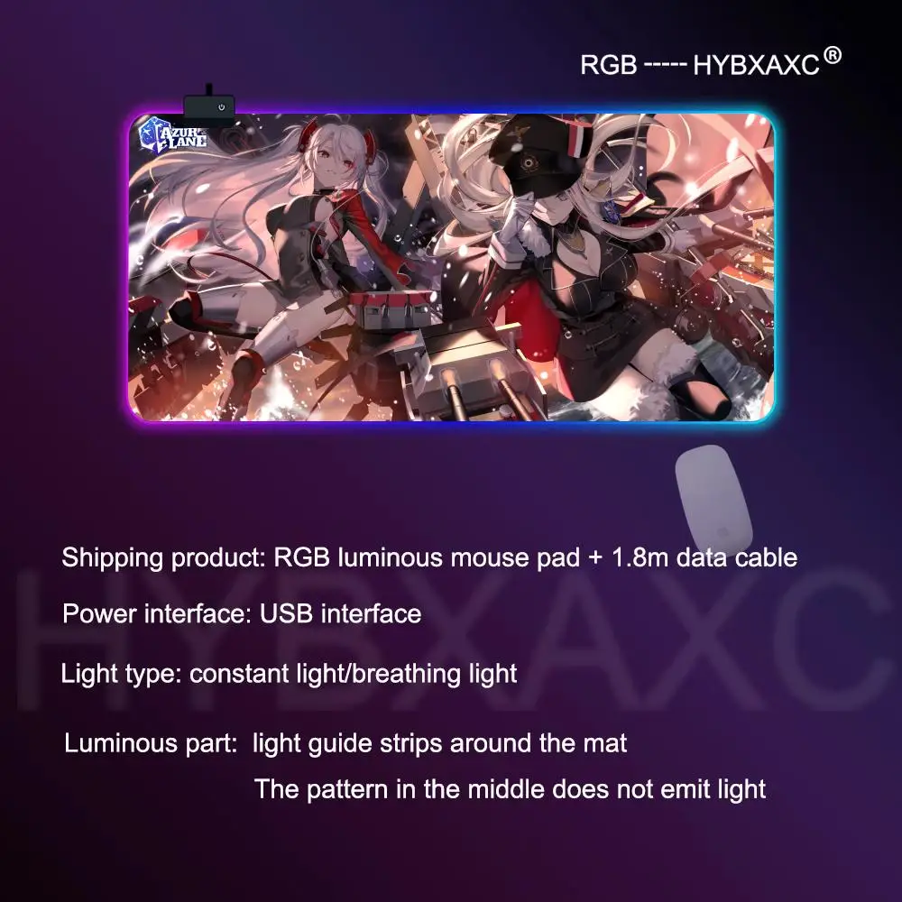 Prinz Eugen Azur Lane Mouse Pad RGB Gaming Mouse Pad Desk Mat HD Gamer Large LED Light XXL MousePads PC Computer Carpet