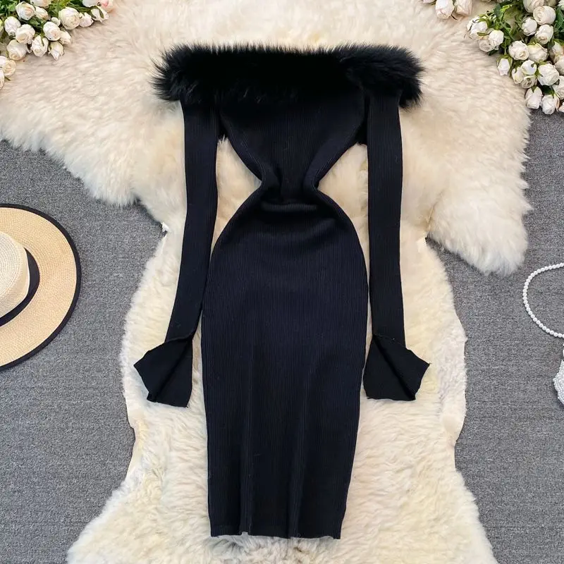 Spring Autumn Fashion New Style Sexy One Off Shoulder Hairy Collar Tight 2024 Hip Dress Vestidos De Mujer Black White Grey Knit