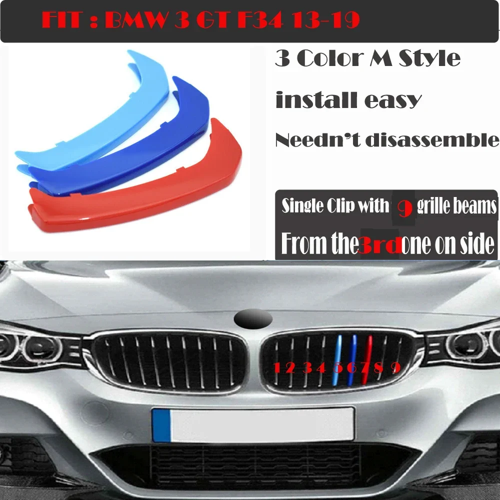 Fit 13-24 BMW 3 GT Series F34 GranTurismo M-SPORT Design 3-Color Kidney Grille Clip Stripe Insert Trim Racing