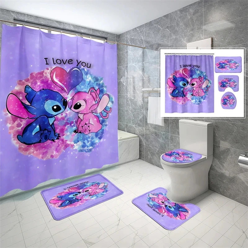 Stitch Shower Curtain Shower Bath Mat 4 Piece Set Cute Cartoon Great Gift for Kids Waterproof Full Set Deluxe Set