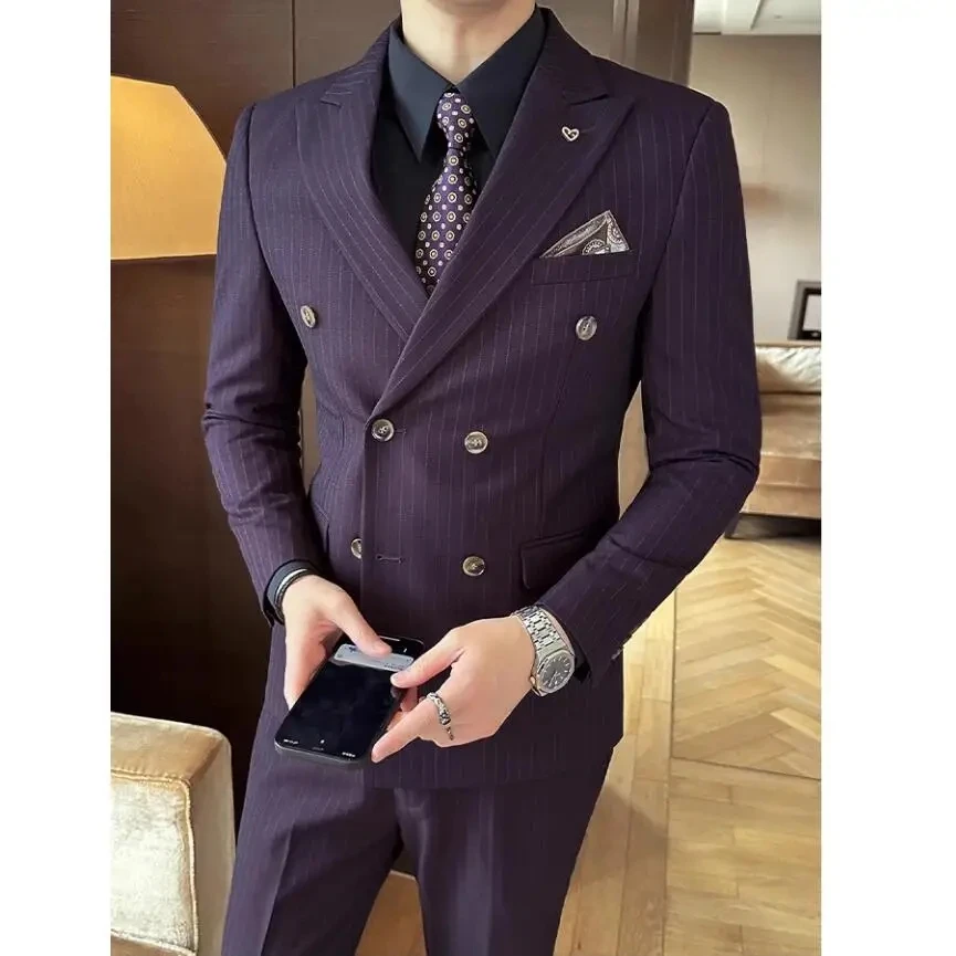 (Blazer+Vest+Pants) Luxury High-end Brand Men\'s Slim Formal Business Blue Plaid Suit 3piece Groom Wedding Dress Party Tuxedo