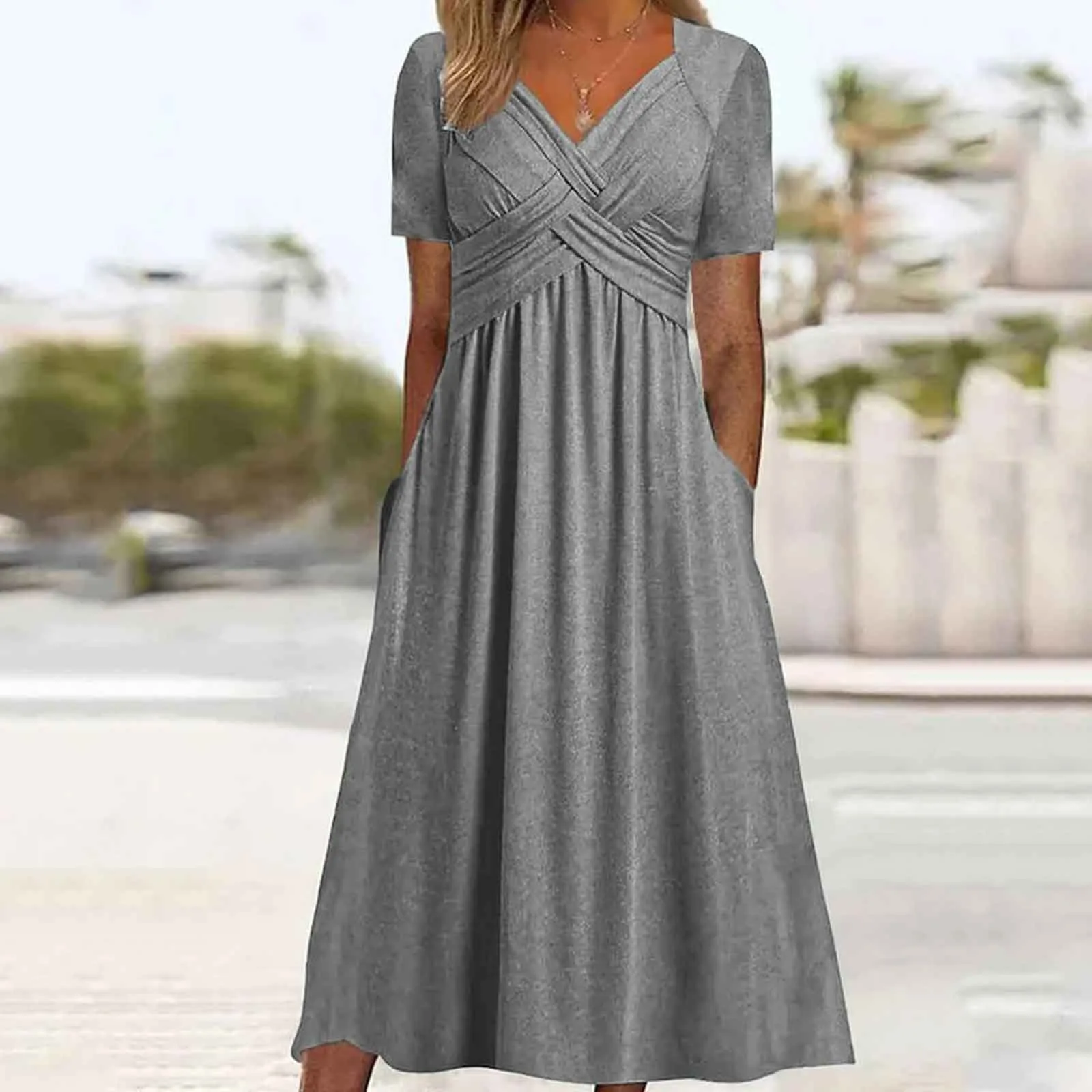 

Women Solid Short Sleeve Dress Daily Casual Loose Long Dress With Pockets Fashion V Neck Summer Beach Holiday Tunic Dress