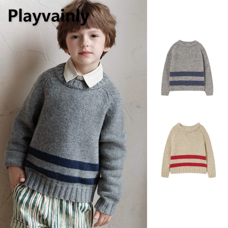 

Retro Color Blocking Stripe Long Sleeve Sweaters New Autumn Winter Boys Fashion Loose Knitted Pullover Tops Kids Clothes W5210