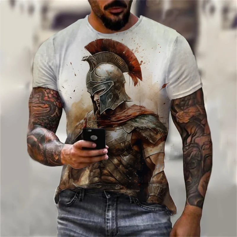 Fashion Spartan Warrior Print T Shirt For Men Hip Hop Trend Harajuku Vintage Clothes Summer Casual O-neck Short Sleeve Loose Top