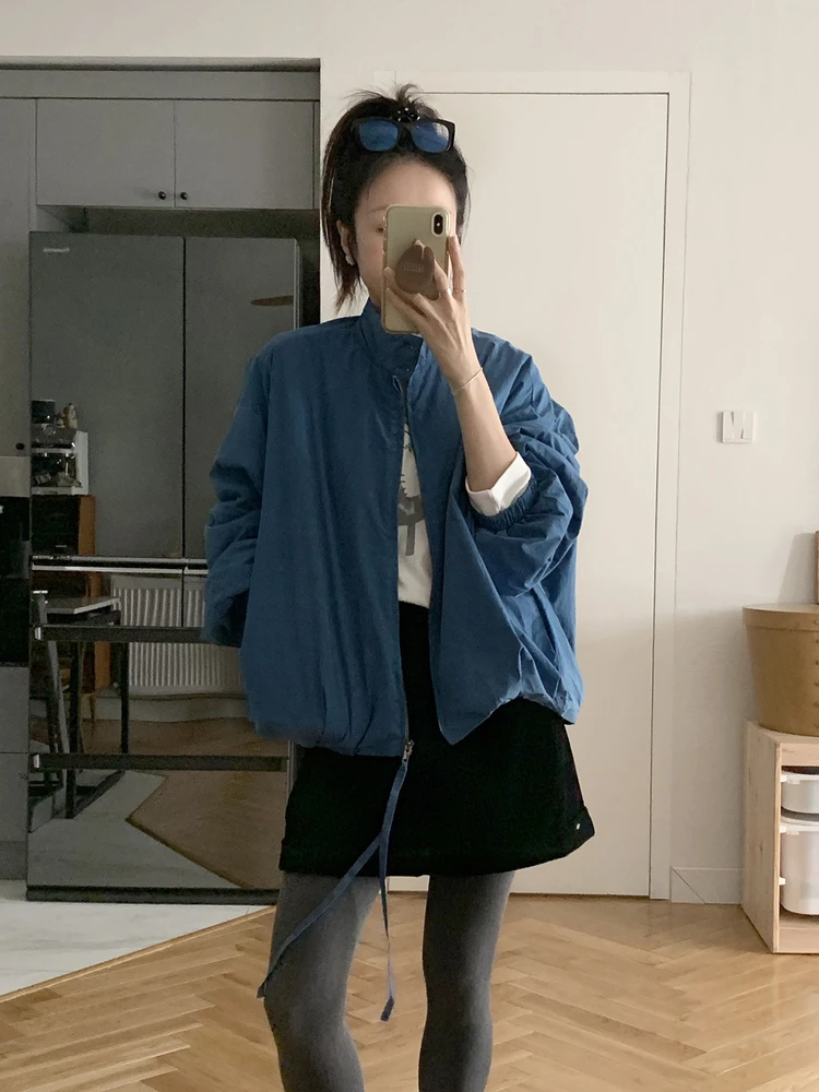 

Модная короткая хлопковая куртка для женщин с воротником-стойкой, дизайнерская, в стиле рабочей одежды, цвета прусского синего, верхняя одежда из хлопка