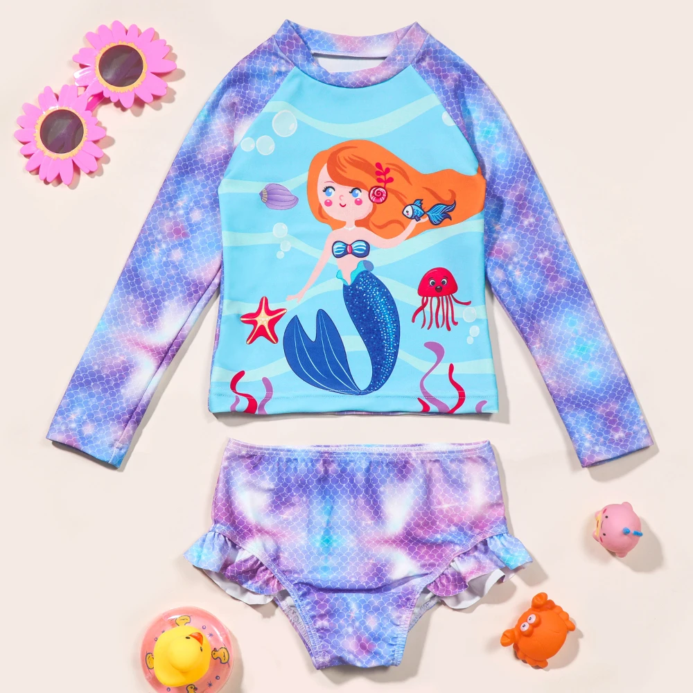 Toddler Girl Mermaid Swimsuit Long Sleeve Tankini Set Bathing Suit Kids Rash Guard Swimwear Princess Swimming Costume Beachwear