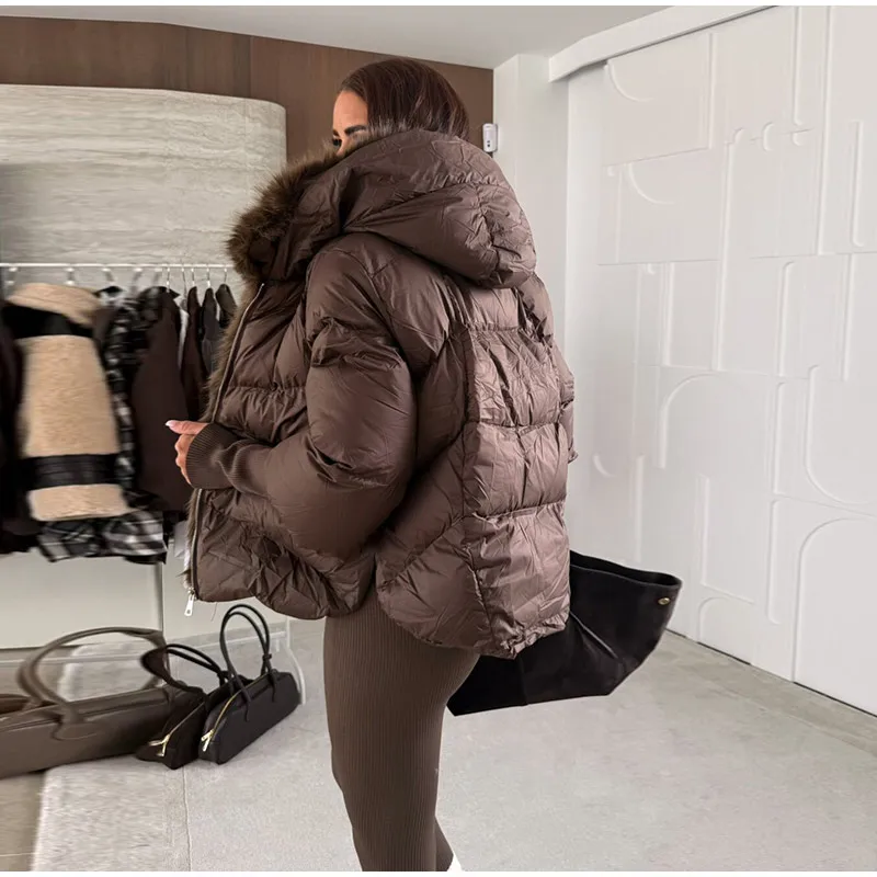 Fur Patchwork Cotton Coats Women Hooded Stand Collar Zippers Oversize Thicken Solid Jackets 2025 Winter Chic Warm Outerwear Lady