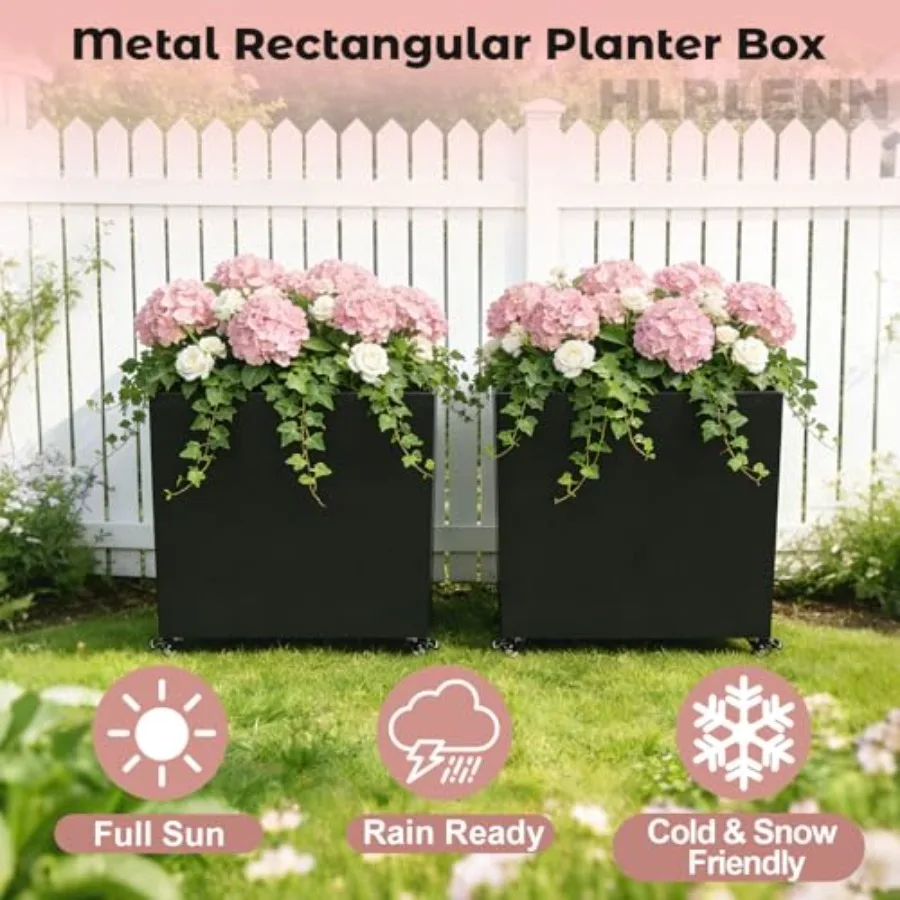 Tall Rectangular Metal Planter Box 36''L x 11''W x 30''H with Wheels Large Outdoor Rolling Planter for Patio Garden Modern Blac