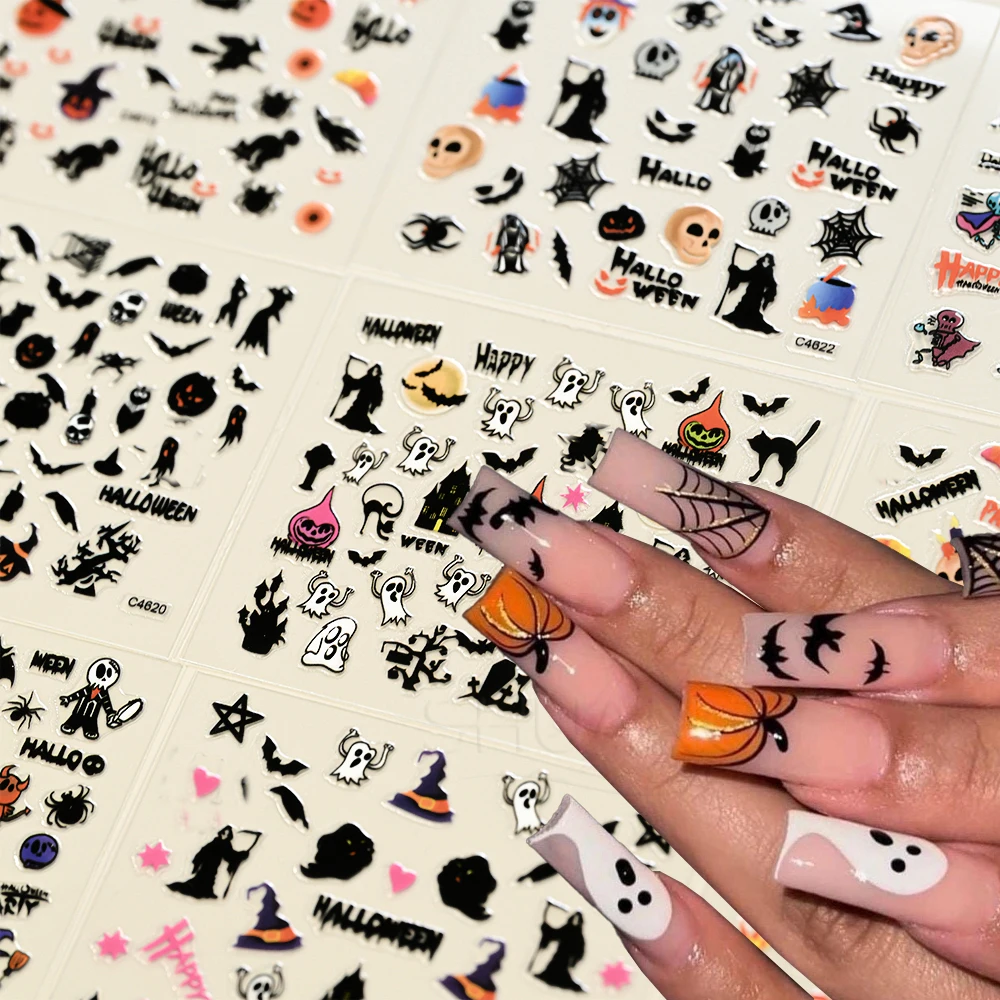 

24pcs 3D Halloween Ghost Bat Nail Stickers Pumpkin Spider Nail Decals Multi-elements Halloween Self-adhesive Sticker Nail Decora
