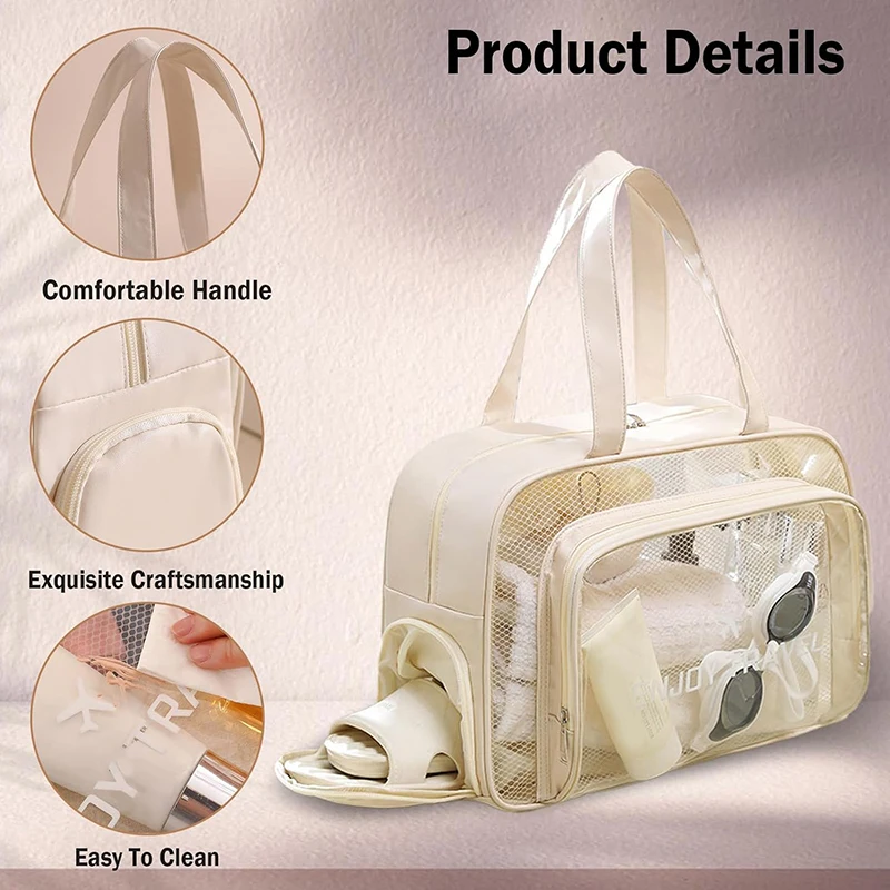 حقيبة أدوات الزينة الشفافة للشاطئ للنساء مقاومة للماء بسعة كبيرة 14 بوصة من مادة PVC للسفر منظم مستحضرات التجميل مع سحاب معدني