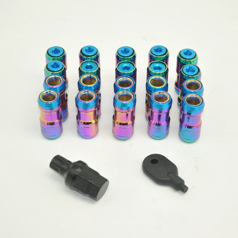 20Pcs Neo Chrome Extended Dust Cap Steel Wheel Rims Lug Nuts With Lock Key M12X1.5 M12X1.25