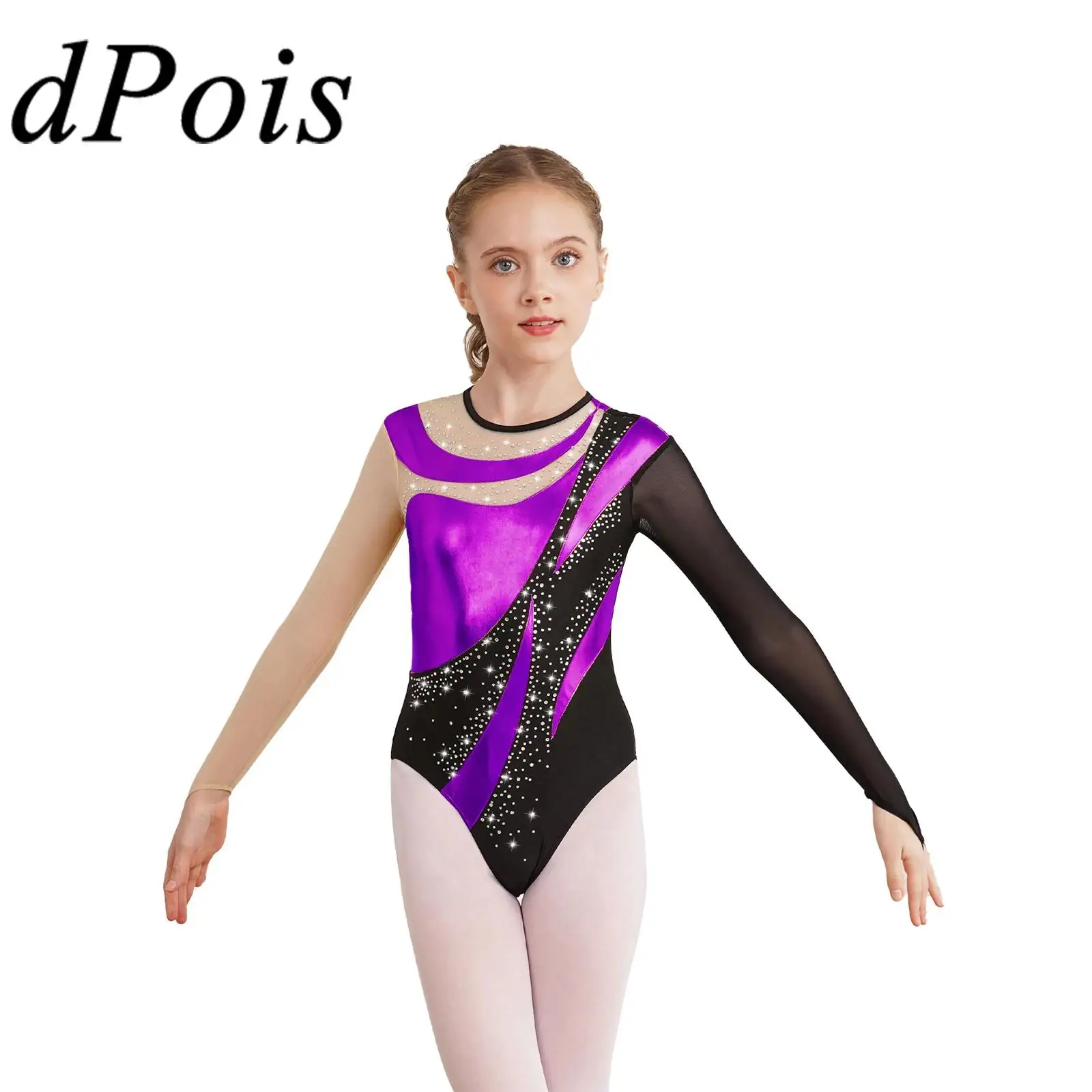 أطفال طويلة الأكمام الجمباز الإيقاعي بذلة الطفل لامعة Dancewear المرقعة الشكل التزلج ارتداءها الفتيات الباليه ملابس رقص الجمباز