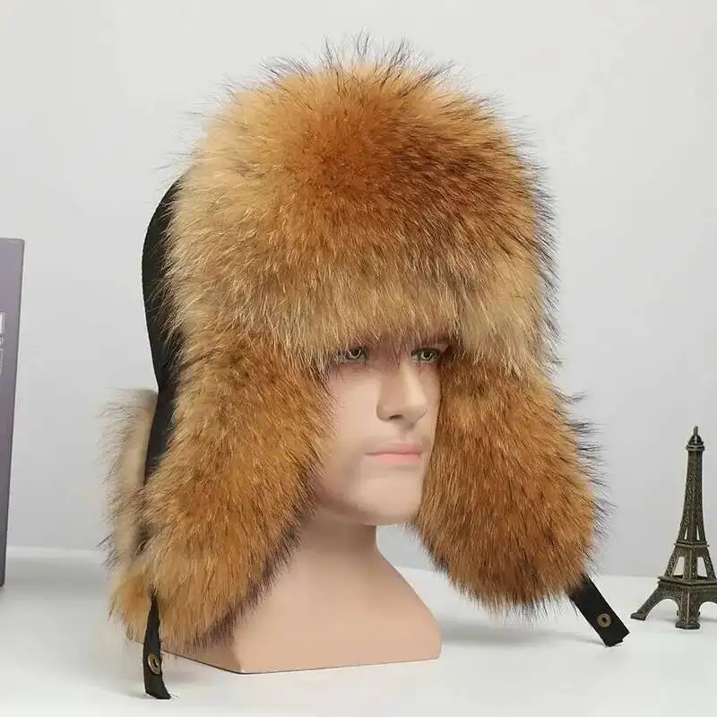 real-fox-fur-hat-winter-sheepskin-top-lei-feng-hat-for-men-outdoor-snow-skiing-natural-fur-caps-keep-warm-raccoon-fur-bomber-hat