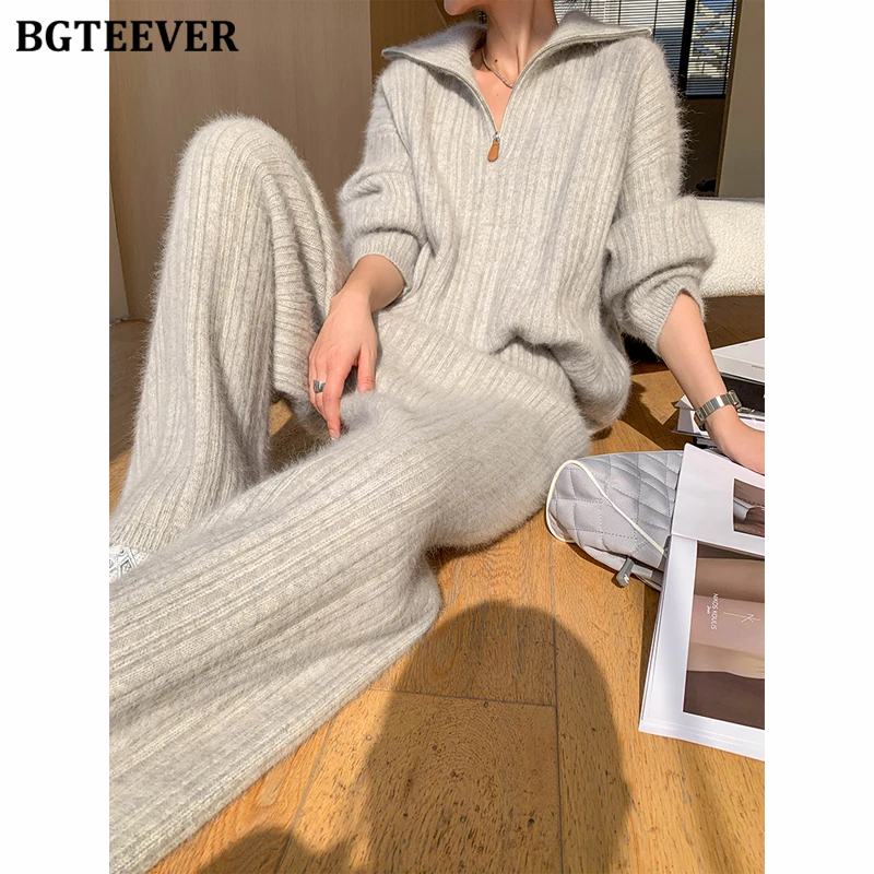 BGTEEVER Autumn Winter Warm Ladies 2 Pieces Sweaters Set Long Sleeve Zipper Up Pullovers Tops Women Wide Leg Trousers