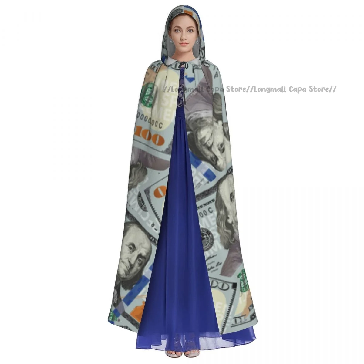 Adult Halloween 100 Dollar Bills Cloak Cape Hooded Medieval Costume Full Length Dress Coat