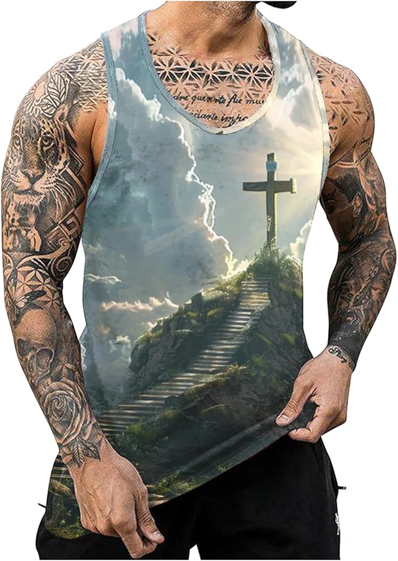 New Summer Cross Pattern 3D Print Men's Tank Tops Harajuku Printed Vest Fitness Gym Muscle Casual Sleeveless Men T-Shirt Vest