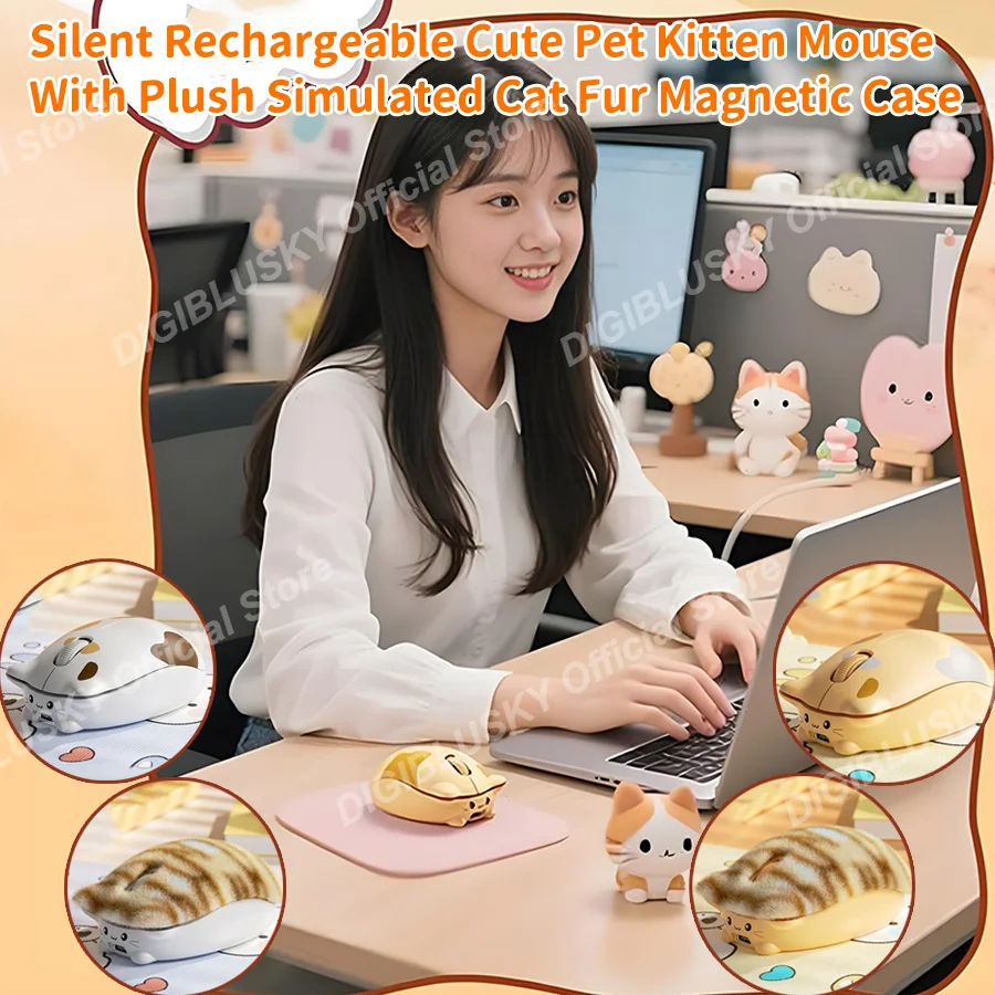 Cute Cat Wireless Mouse Bluetooth+2.4G Silent Rechargeable Pet Kitten Mice With Plush Simulated Cat Fur Magnetic Case Girl Gift