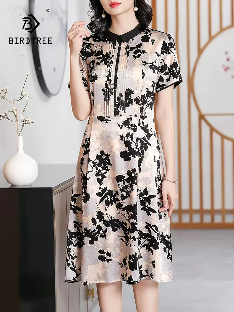 BirdTree 90%Real Silk Elegant Dress For Women, Short Sleeve Printed, OL Commute Gentle Versatile Dresses, 2024 Summer D42238QC