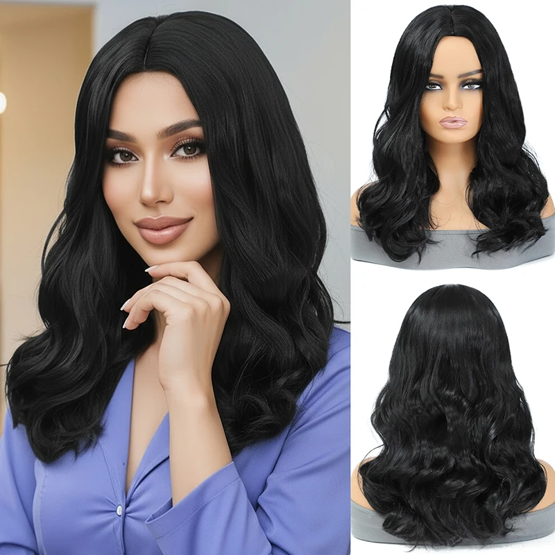 

New wig headband for women, black long curly hair with large waves in the center Synthetic fiber wig