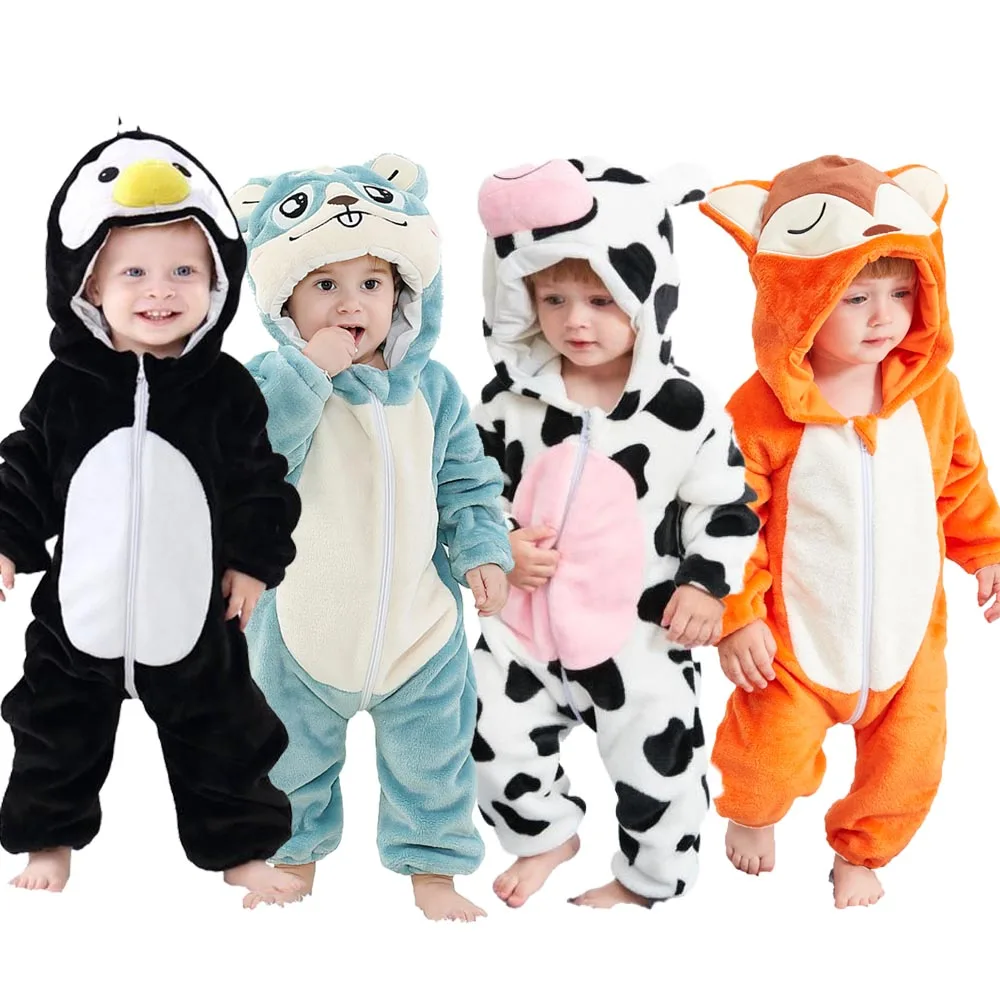 Baby Boys Clothes Winter Warm Flannel Animal Cartoon Hooded Jumpsuits Penguin Fox Cow Halloween Cosplay Costume Baby Oneises