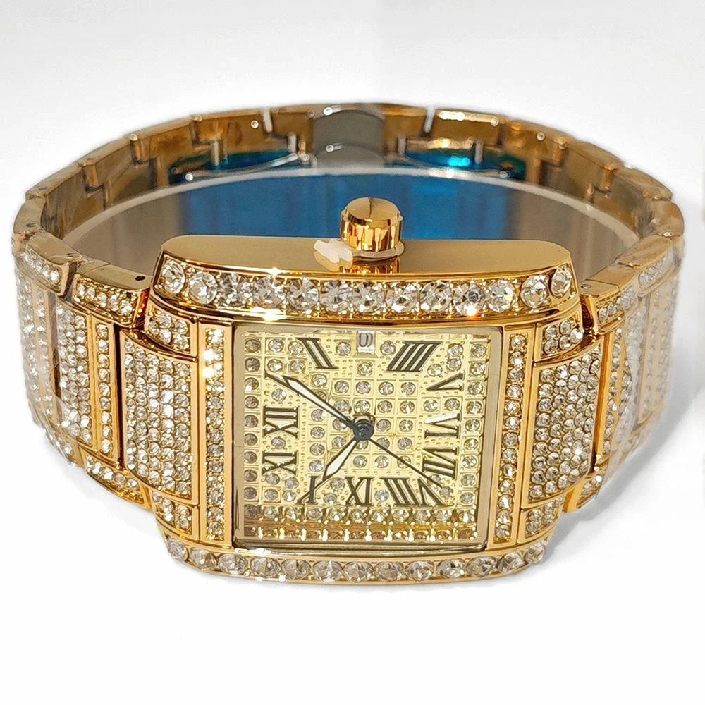 Luxury Mens Watch Fashion Silver Stainless Steel Quartz Watches Hip Hop Full Diamonds Rectangle AAA Wrist Watch Man Dropshipping