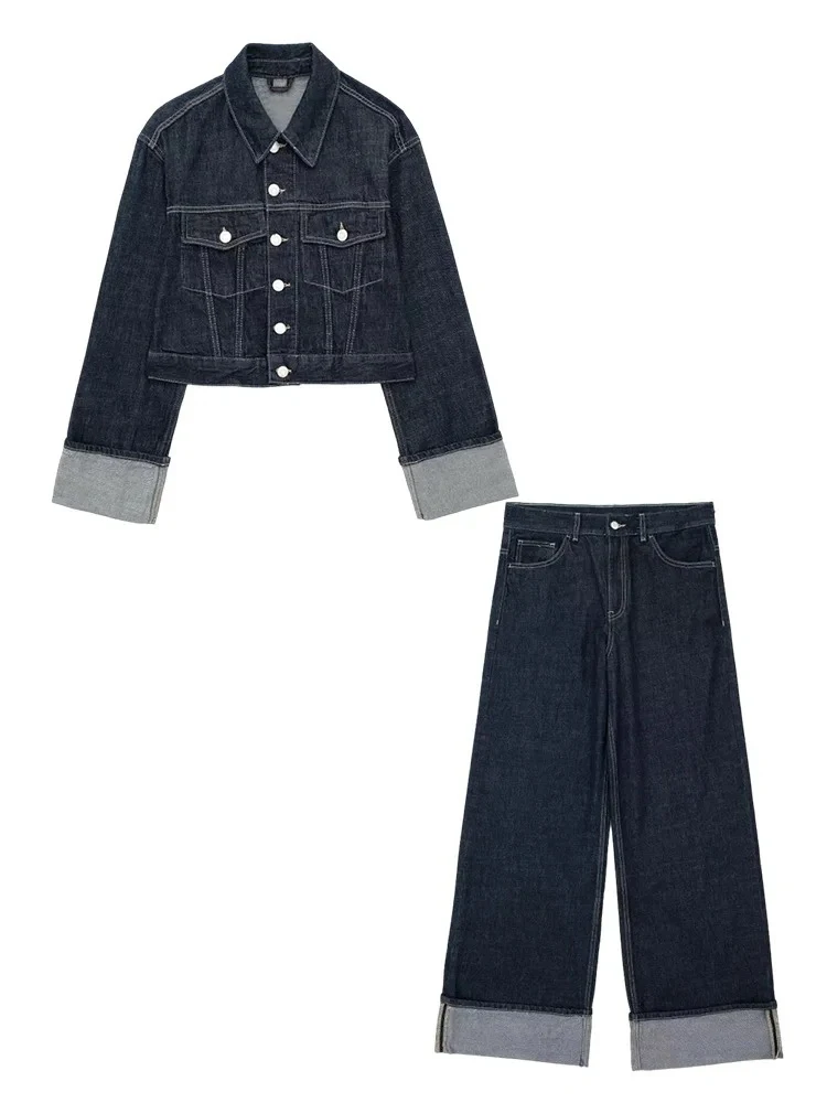 

женские закатанные рукава дизайн джинсовая куртка пальто + высокая талия широкие ноги джинсы мода высокая улица брюки установить женские