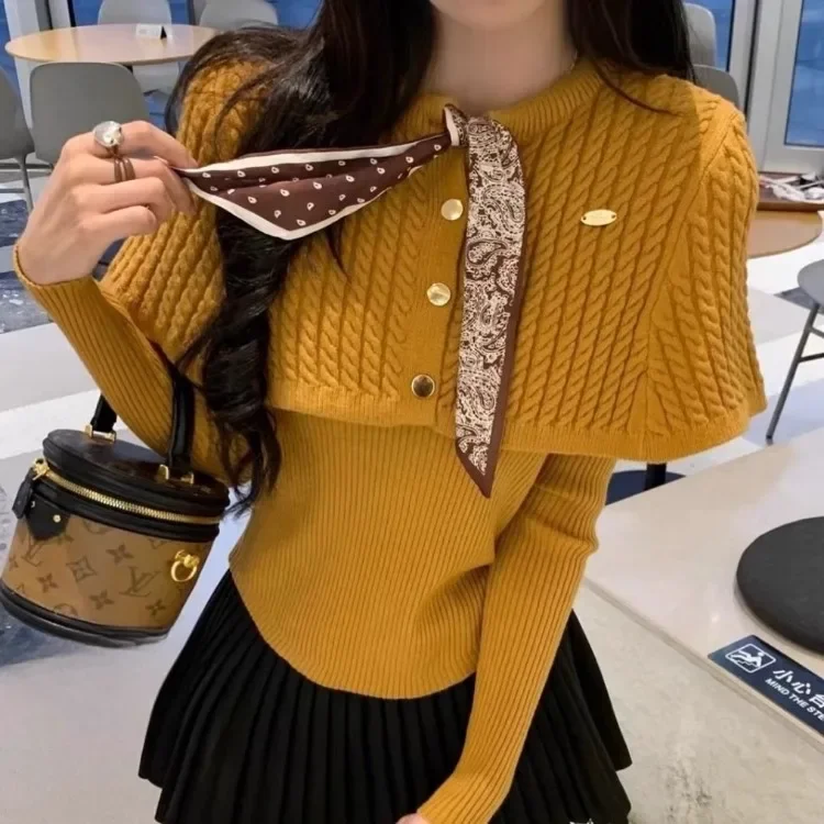 Korejepo 2024 Autumn Winter Korean New Drama Heroine Rich Family Daughter Wear Design Cloak Twist Knitted Goddess Gentle Sweater