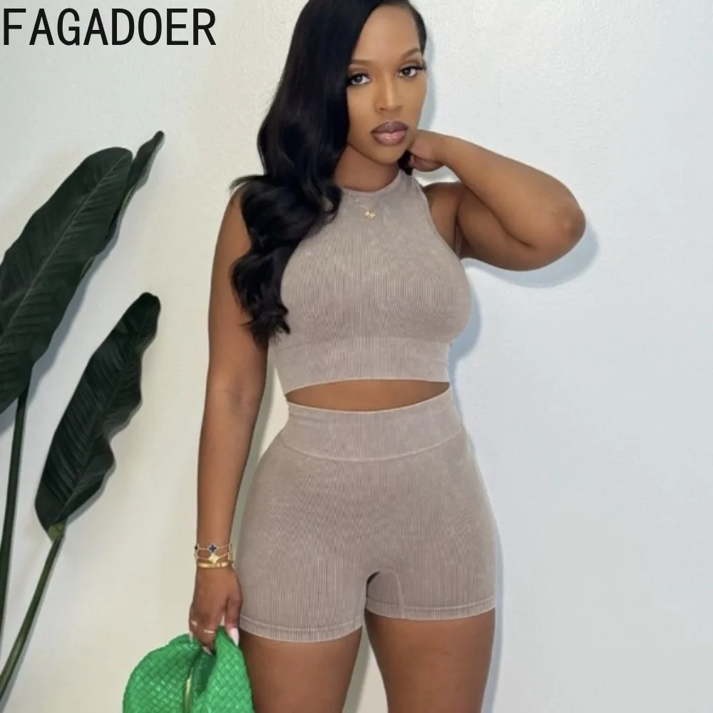 

FAGADOER Fashion Solid Ribber Sporty Skinny Shorts Two Piece Sets Women Round Neck Sleeveless Slim Crop Top And Shorts Outfits