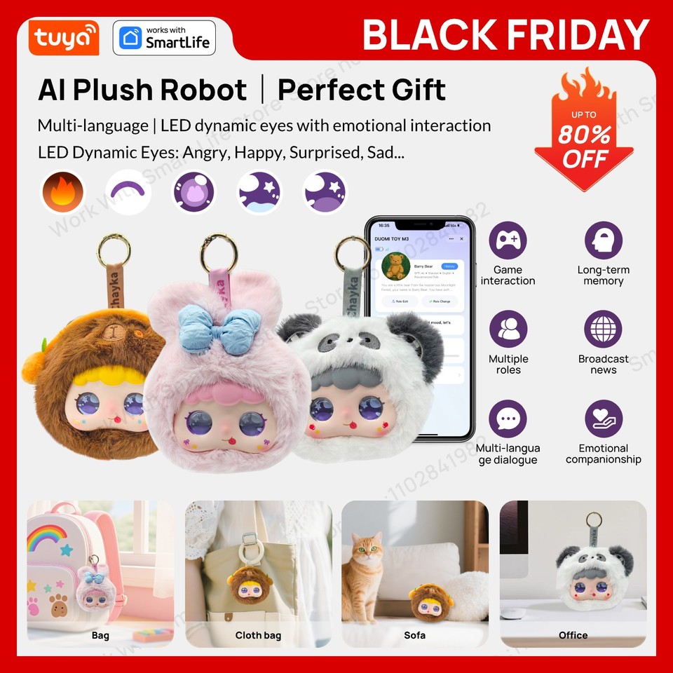  Tuya Smart  AI Plush Robot w/LED Eyes & Voice Control,Interactive Smart Toy USB Rechargeable Companion for Kids Gifts/Smart Home 