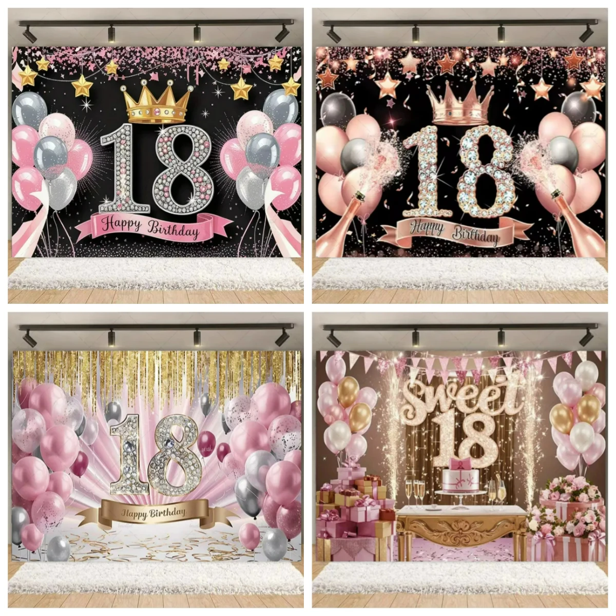 

Gold Rose Gold Balloon And Sequin Happy 18th Birthday Backdrop Party Decorations Background of Adult Ceremony Celebration Supply