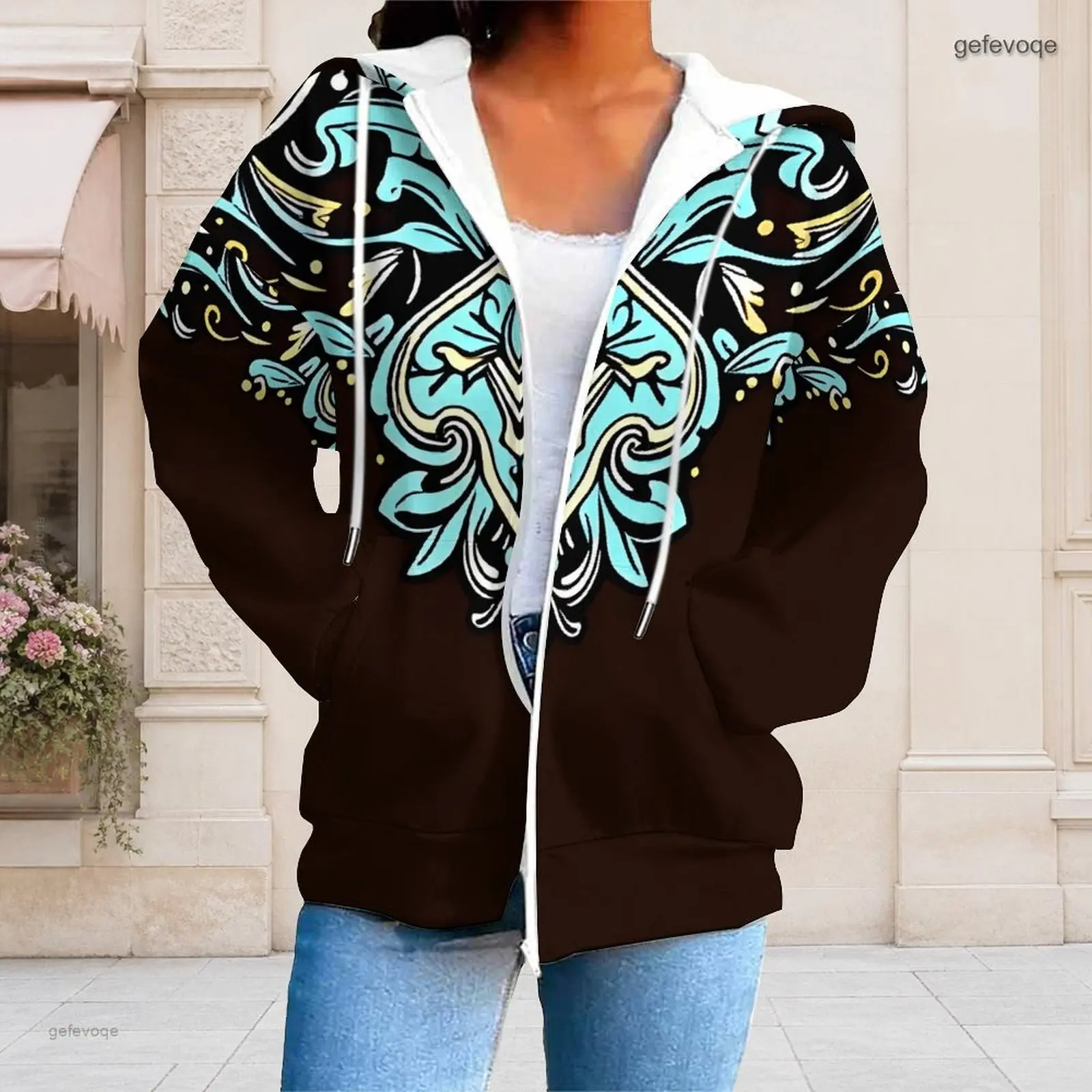 Women Black White Vertical Stripe Printed Zip Up Long Sleeve Hoodie