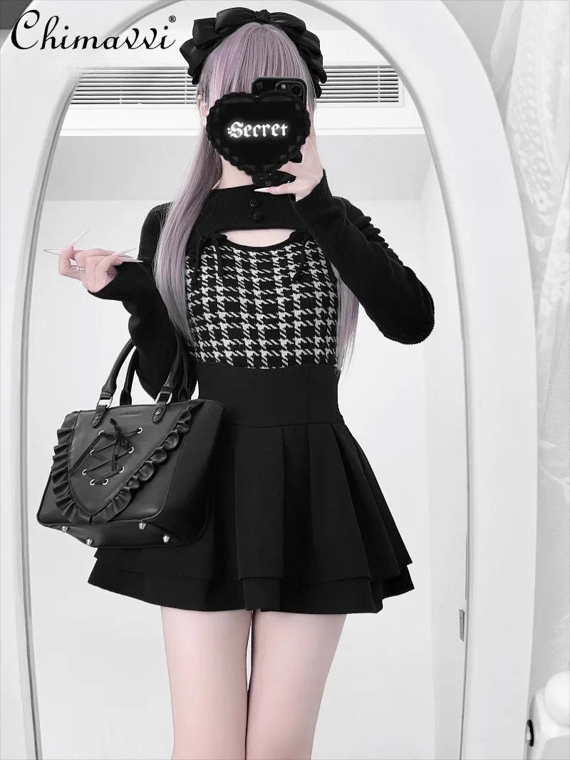 

Japanese Mine Series Houndstooth Open Chest Tie Knit Sweater Autumn Winter Subculture Gothic Long Sleeve Pullover Lolita Tops