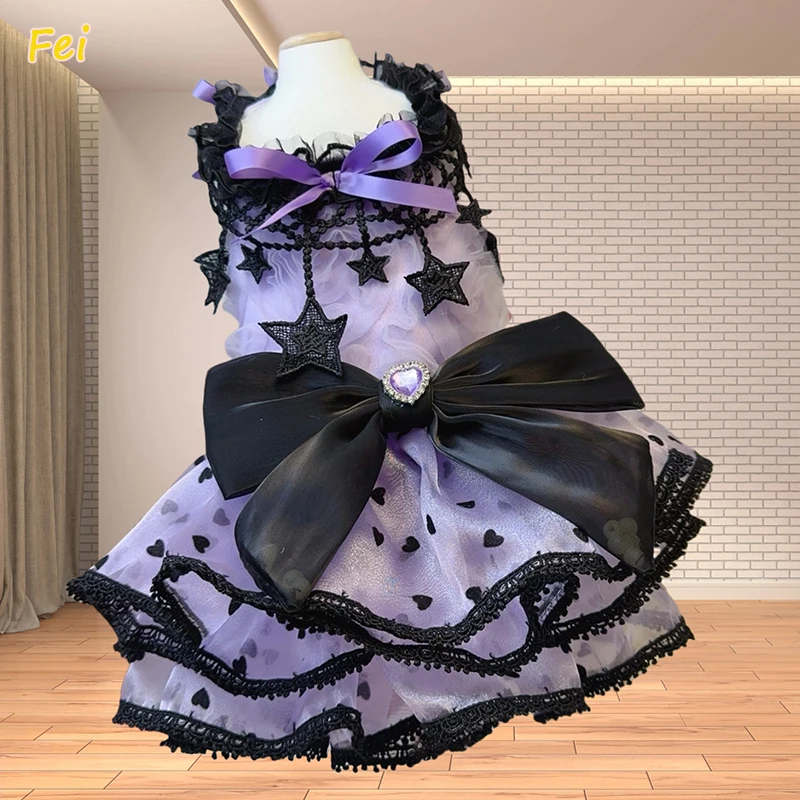 

Designer Dog Dress Purple Black Bow Princess, Luxury Handmade Adjustable Gown for Poodle Yorkie Puppy XS - XL Size Wedding Party