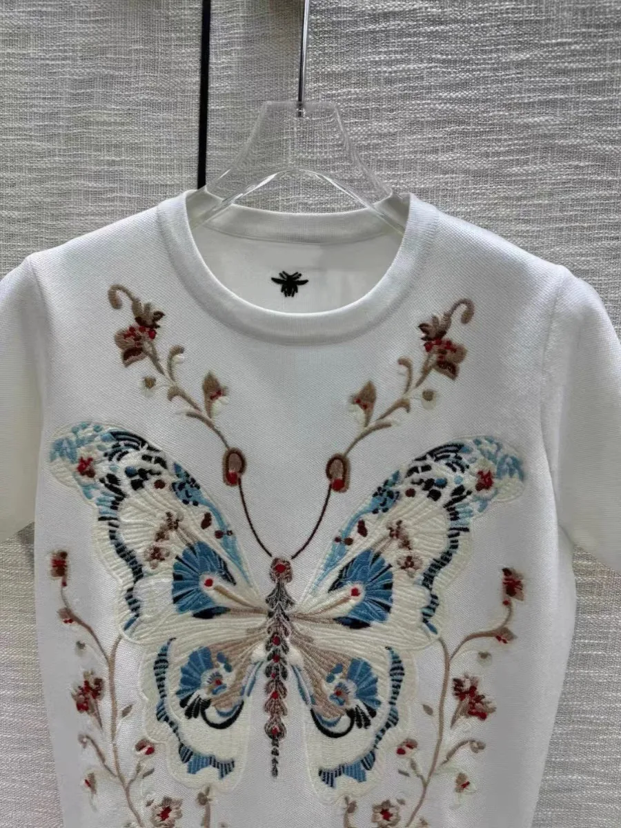 女性用フローラルバタフライ刺繍セーター、ニットTシャツ、Oネックトップ、半袖knitwear、ヴィンテージTシャツ、春、夏、ニュー、2024