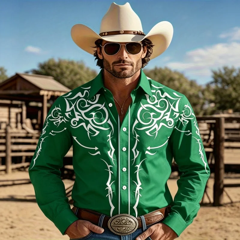 Men's Western Tribe Totem Printed Long Sleeve Shirt Denim Style Casual Open Button Top
