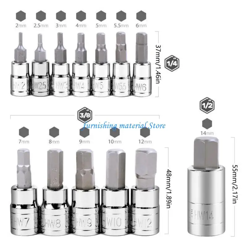 

Y5GD Allen Hexagon Bit Socket, 13Pcs Metric 2-14mm Allen Socket, Hexagon Socket Set