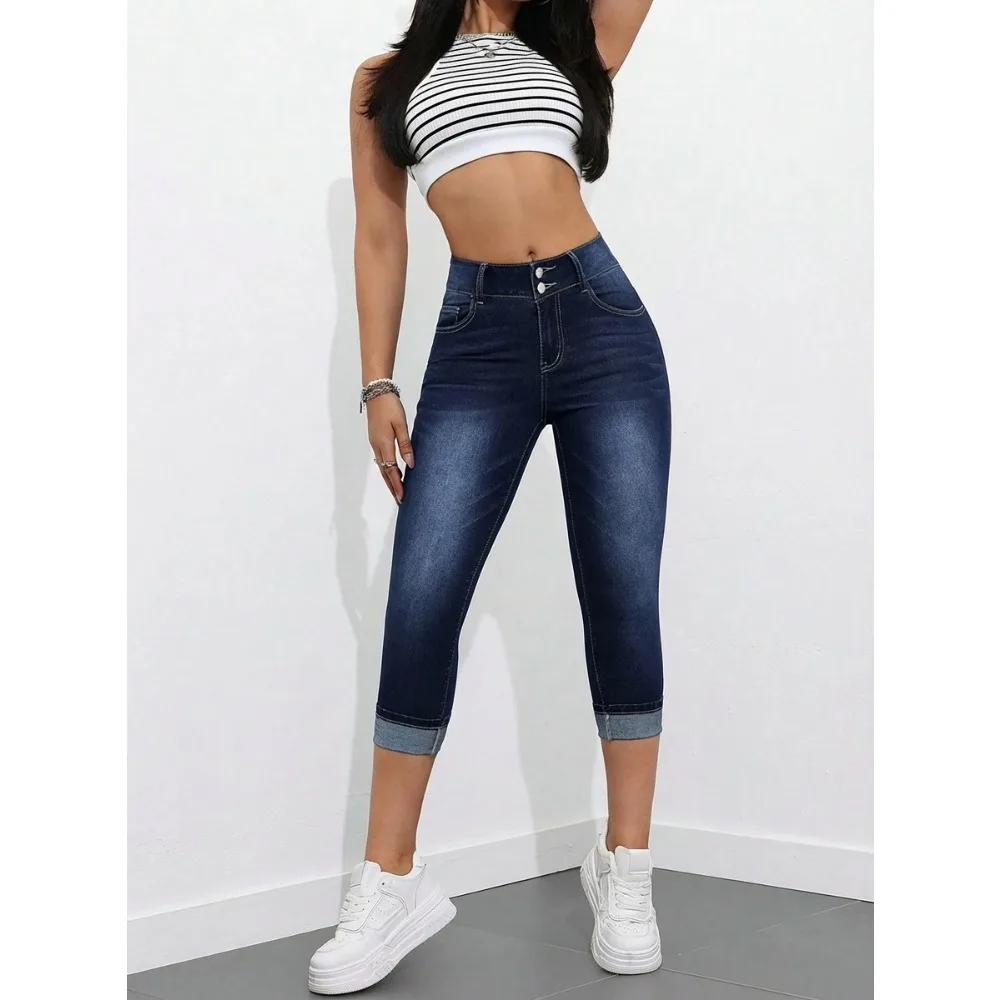 Women Stretchy Slim Fit Butt Lifting High Waist Capri Jeans Hot Girl Style Versatile Fashion Soft Breathable Flattering Comfy