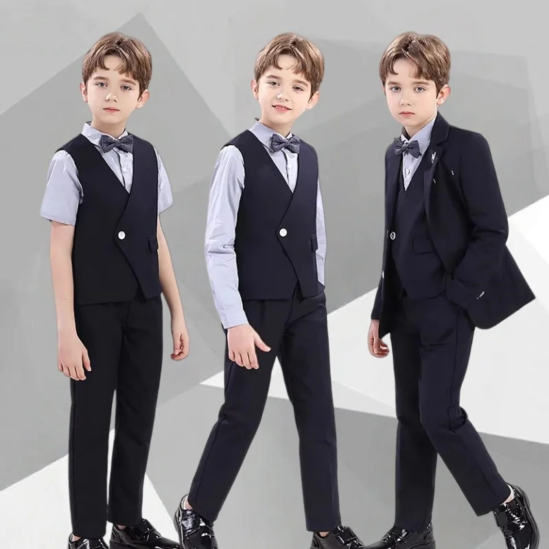 Kids Black Suit Set Boys Formal Wedding Birthday Party Photography Attrie Children's Piano Host Speech Performance Costume