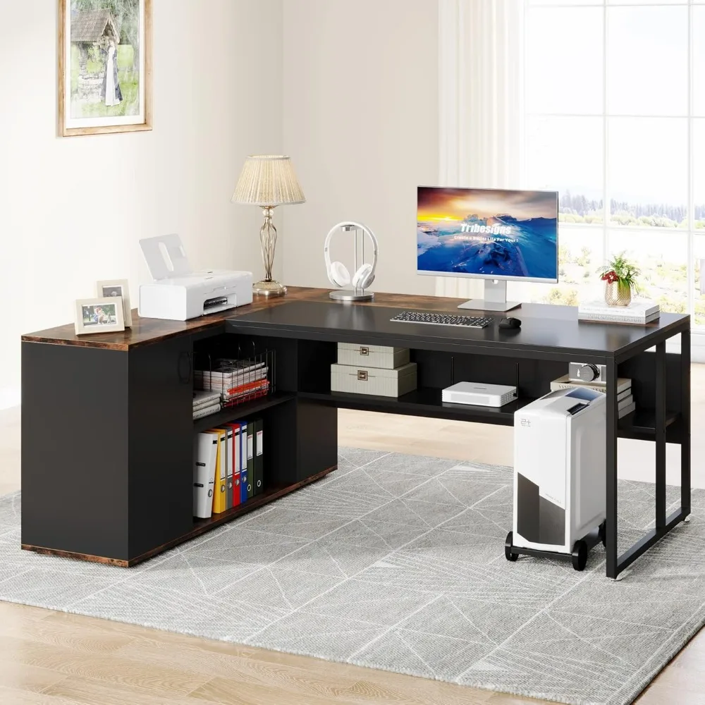 71 inch Executive Desk, L Shaped Desk with Cabinet Storage, Business Furniture Desk Workstation for Home Office