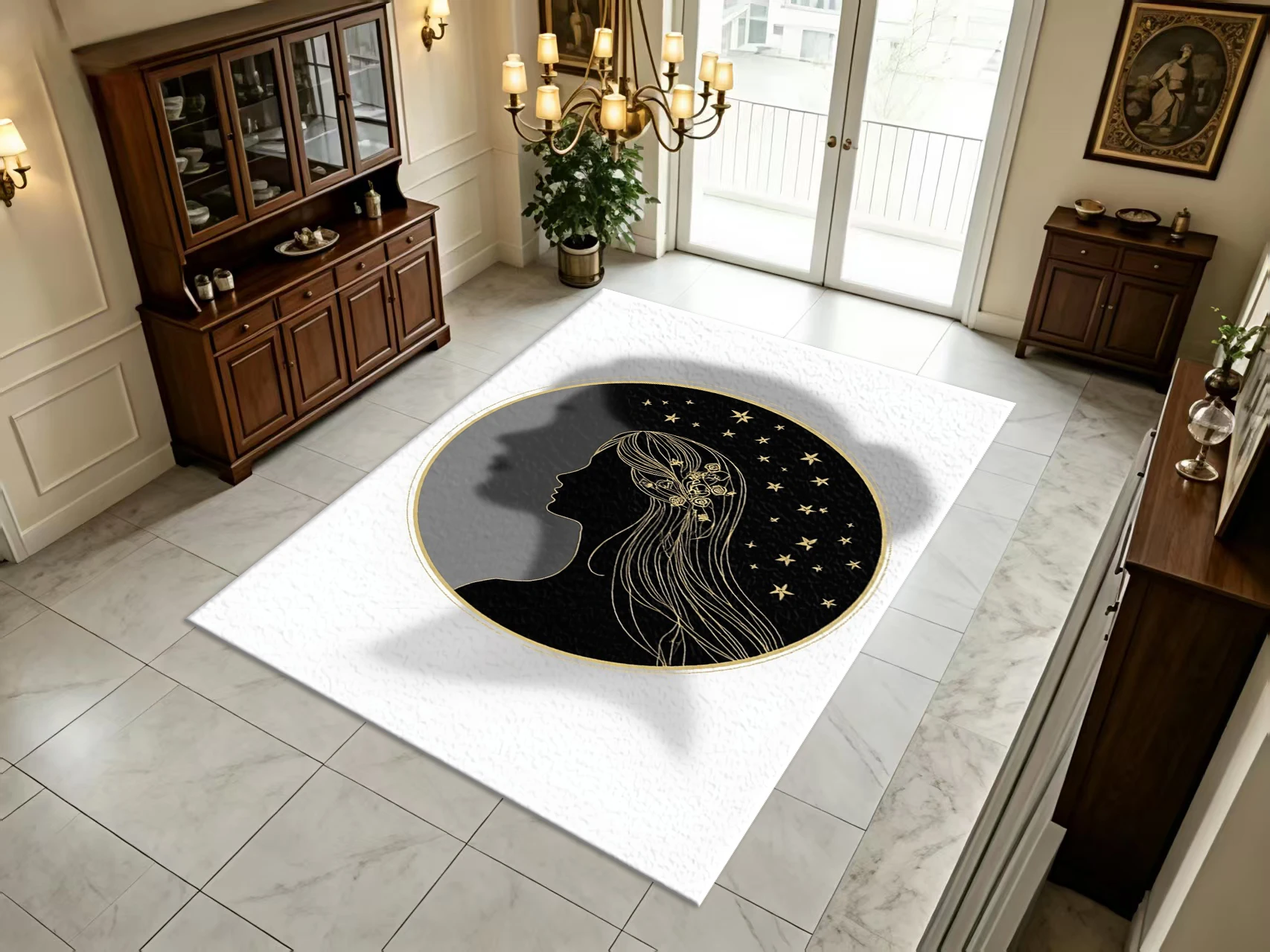 Artistic Gold Thread Female Celebrity Oval Pattern Carpet Floor Decoration Aesthetic Home Living Room Bedroom Decorative Carpet