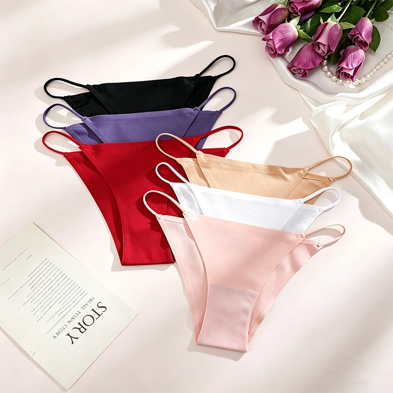 4PCS/Set Seamless Thin Strap Thong Underwear Women Low Rise Briefs Ice Silk Comfortable Panties Multi Color No Trace Lingerie