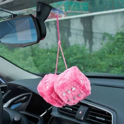 Fuzzy Plush Dice with Dots Retro Square Plush Hanging Mirror Fuzzy Dices for Pink Car Interior Ornament Decoration