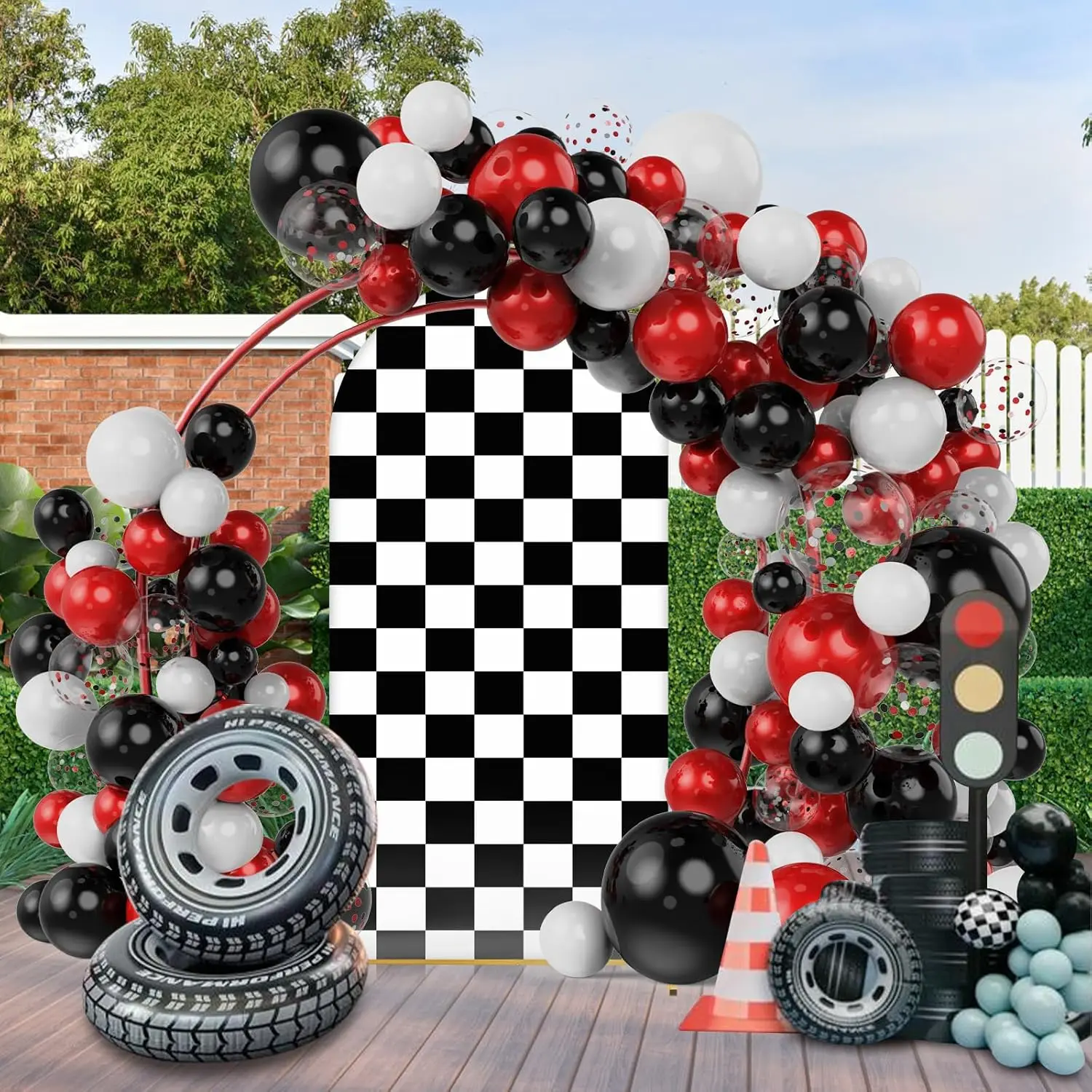 Race Car Arch Backdrop Covers Black White Chiara Arch Cover Checkered Flag Arched Stretchy Backdrop Covers for Birthday Decor