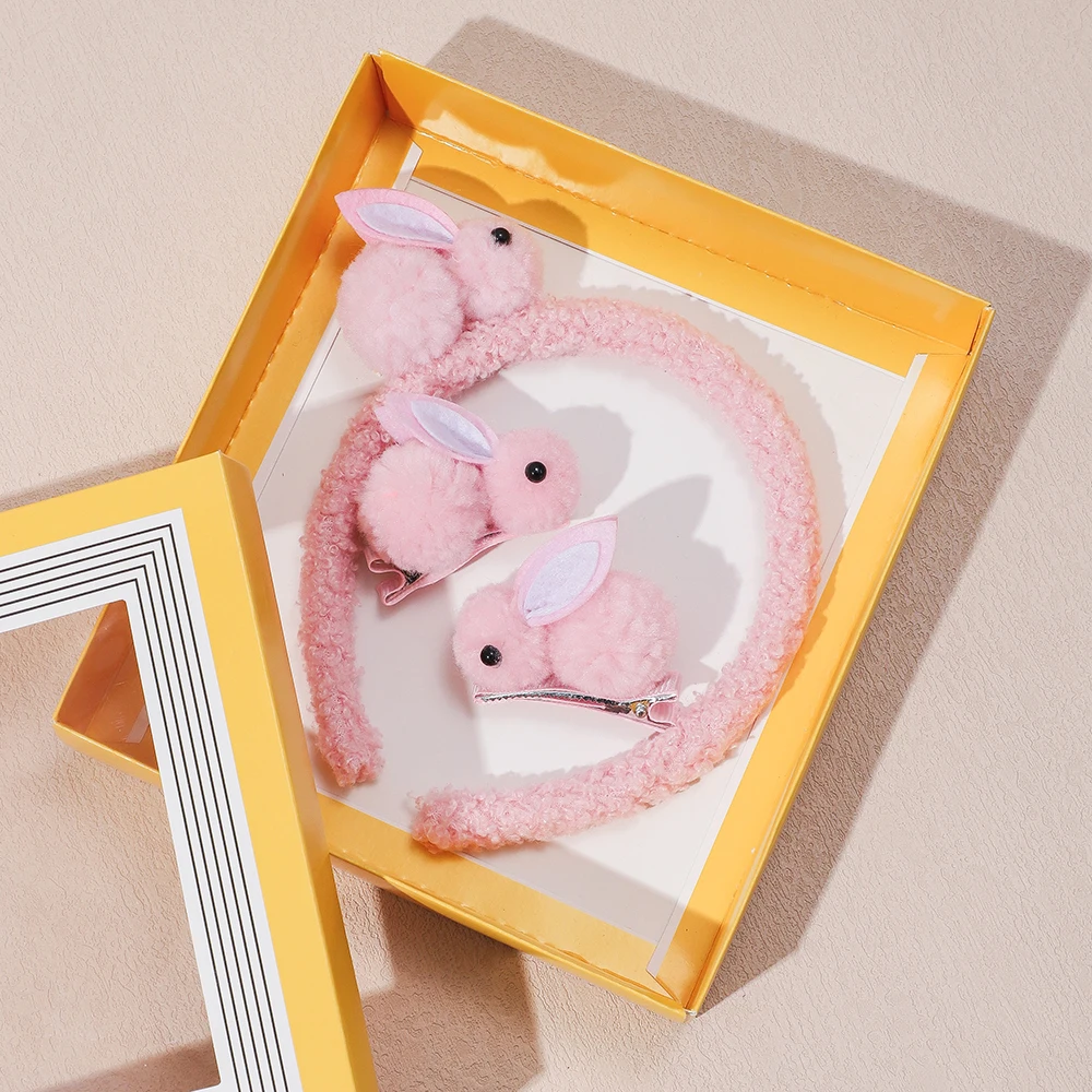 

3Pcs/Set Princess Pink Rabbit Headhoop and Hair Clip Set Children Girls Hair Accessories Headwear Decoration Exquisite Gift Box