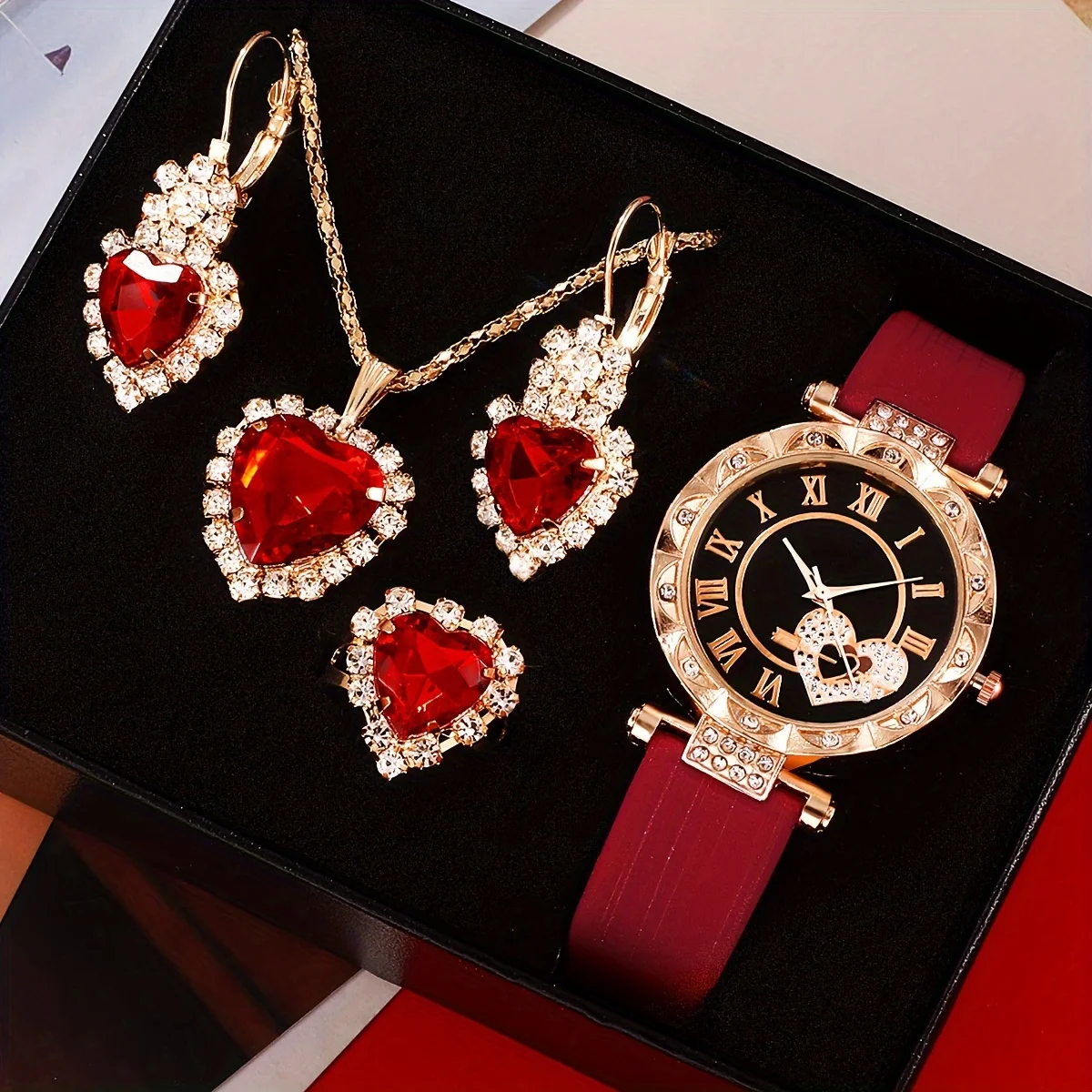 

5 Pcs Red Quartz Watches PU Leather Strap Zinc Alloy Pointer Zinc Alloy Dial And Rhinestone Necklace Ring Jewelry