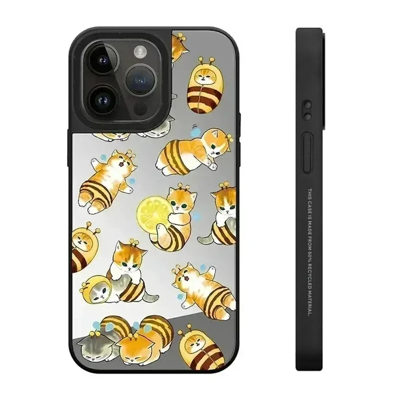 Mirror Surface MagSafe Honeybee Cat Cute Pattern iPhone 11 12 13 14 15 Pro Max Protective Case