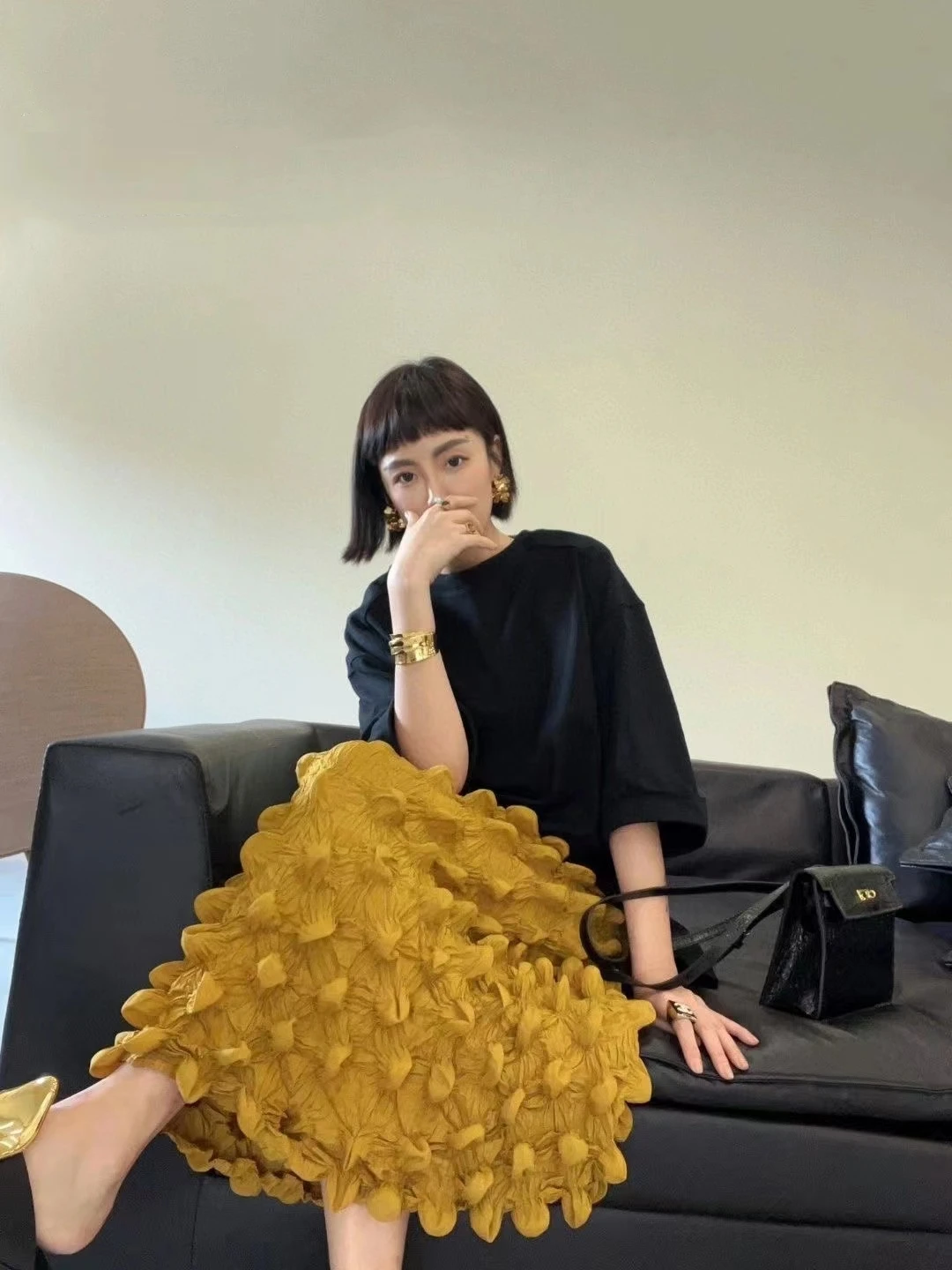 

High Waist A-Line Skirt Women's Summer Casual Pleated Slimming Durian Design Half-length Skirt Polyester Fiber Cake Skirt