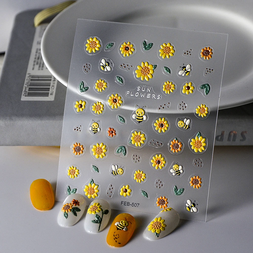 Embossed Sunflower Nail Stickers 5D Self-ahesive Sliders Flower Engrave Decals Decoration Manicure Accessories Sticker FEB-507