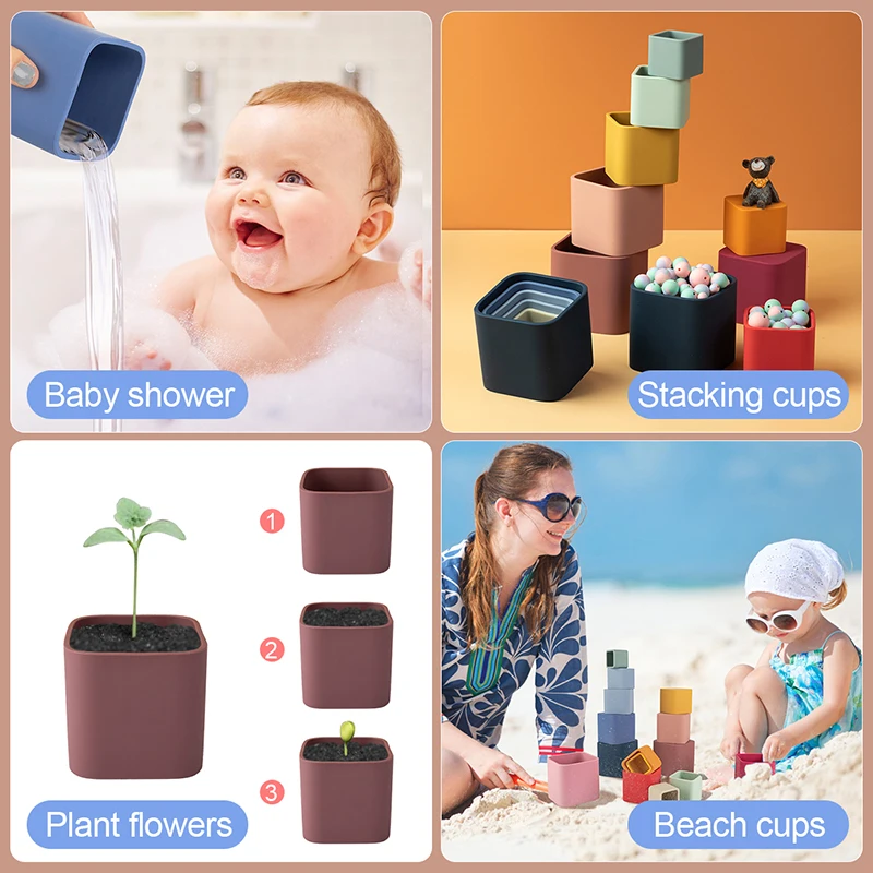 Silicone Building Block Baby Silicone Teether BPA Free Stacking Cups Hourglass Toys Plastic Stacked Cups Baby Educational Toys